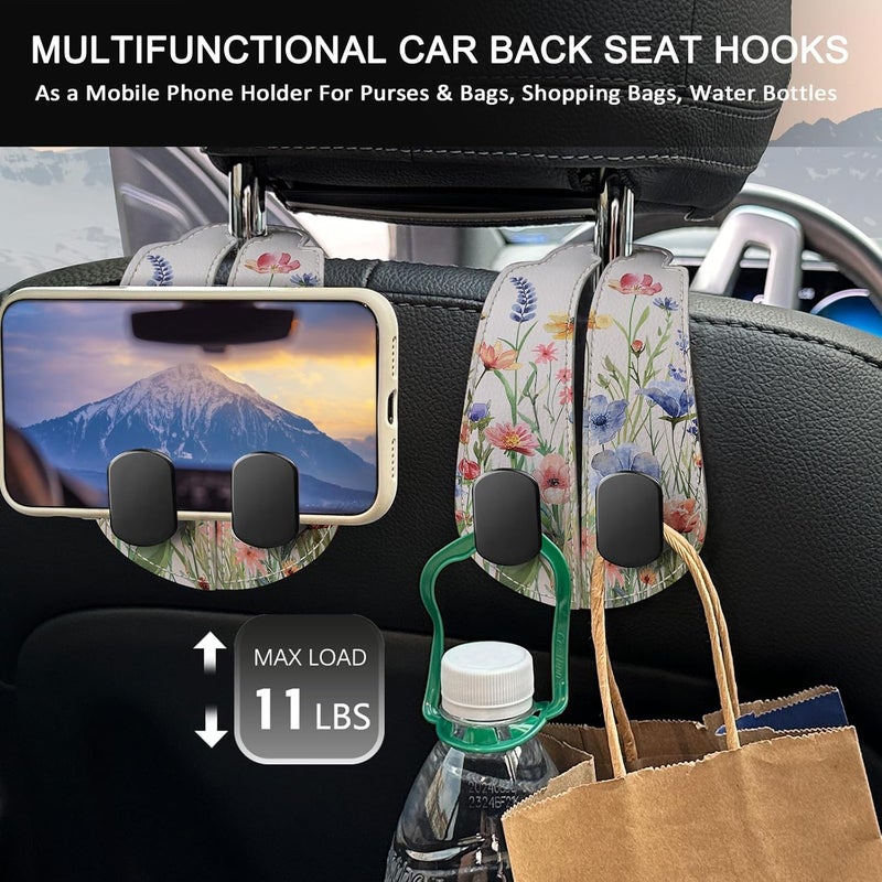 Blusabaca 2PCS Car Seat Back Storage Headrest Hooks, Floral Flowers Purse Holder Bags Hanger, PU Leather Double Metal Hook for Backseat Organizer, Women Car Accessories Organization - Image 3